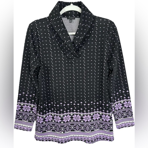 Talbots Fair Isle Tunic Top Womens Medium Black Jacquard Shawl Collar Pullover - Picture 1 of 10